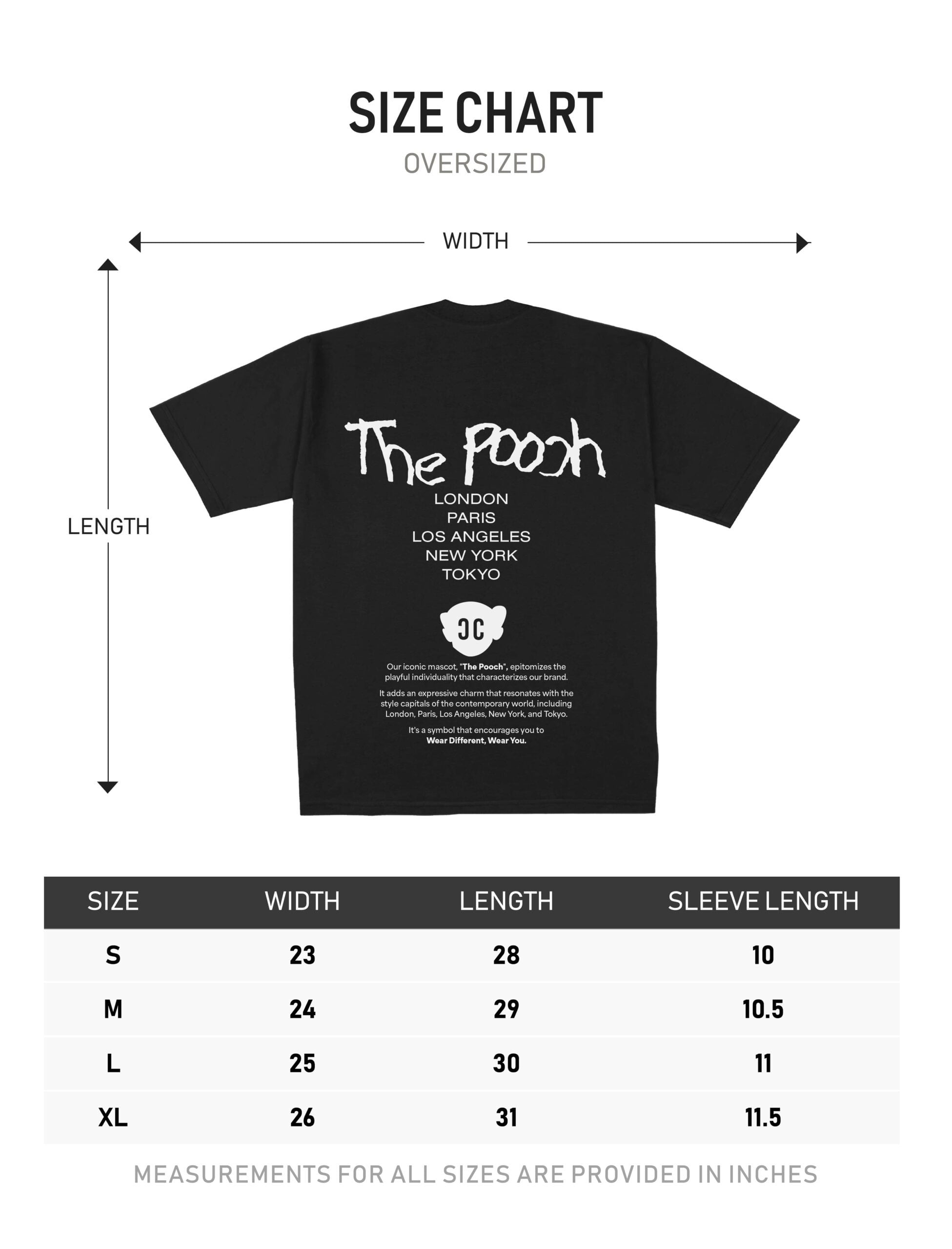 Explore the sizing details of 'The Pooch World Tour Collection' by Ching Clothing with our black back size chart. Ensuring the perfect fit for every adventure.