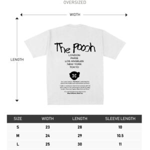White back view of 'The Pooch World Tour Collection' designed by Ching Clothing, featuring a size chart.