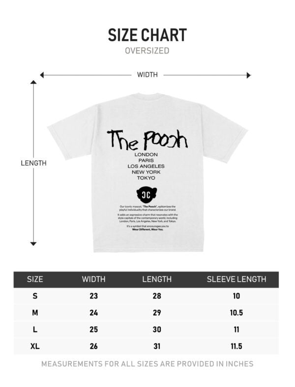 White back view of 'The Pooch World Tour Collection' designed by Ching Clothing, featuring a size chart.